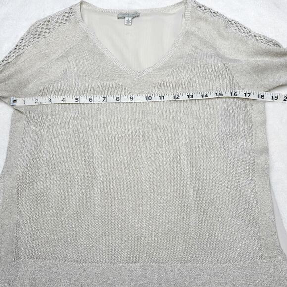 LUCKY BRAND Cream Gold Metallic Layered Crochet Sleeve V-neck Sweater Medium - Picture 7 of 10